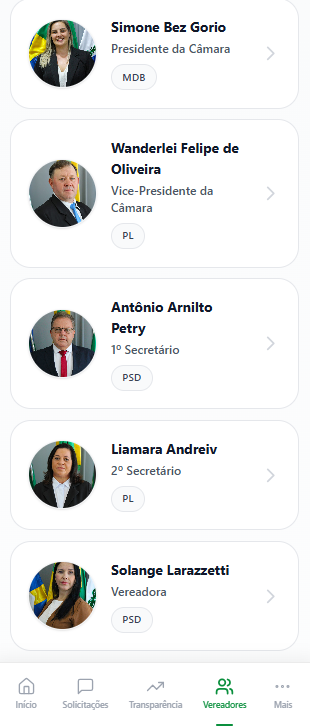 Lista de vereadores no aplicativo Espigão Conecta